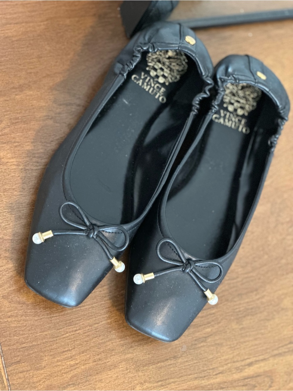 Vince Camuto Black Square-Toe Bow Ballet Flats with Pearl Accents